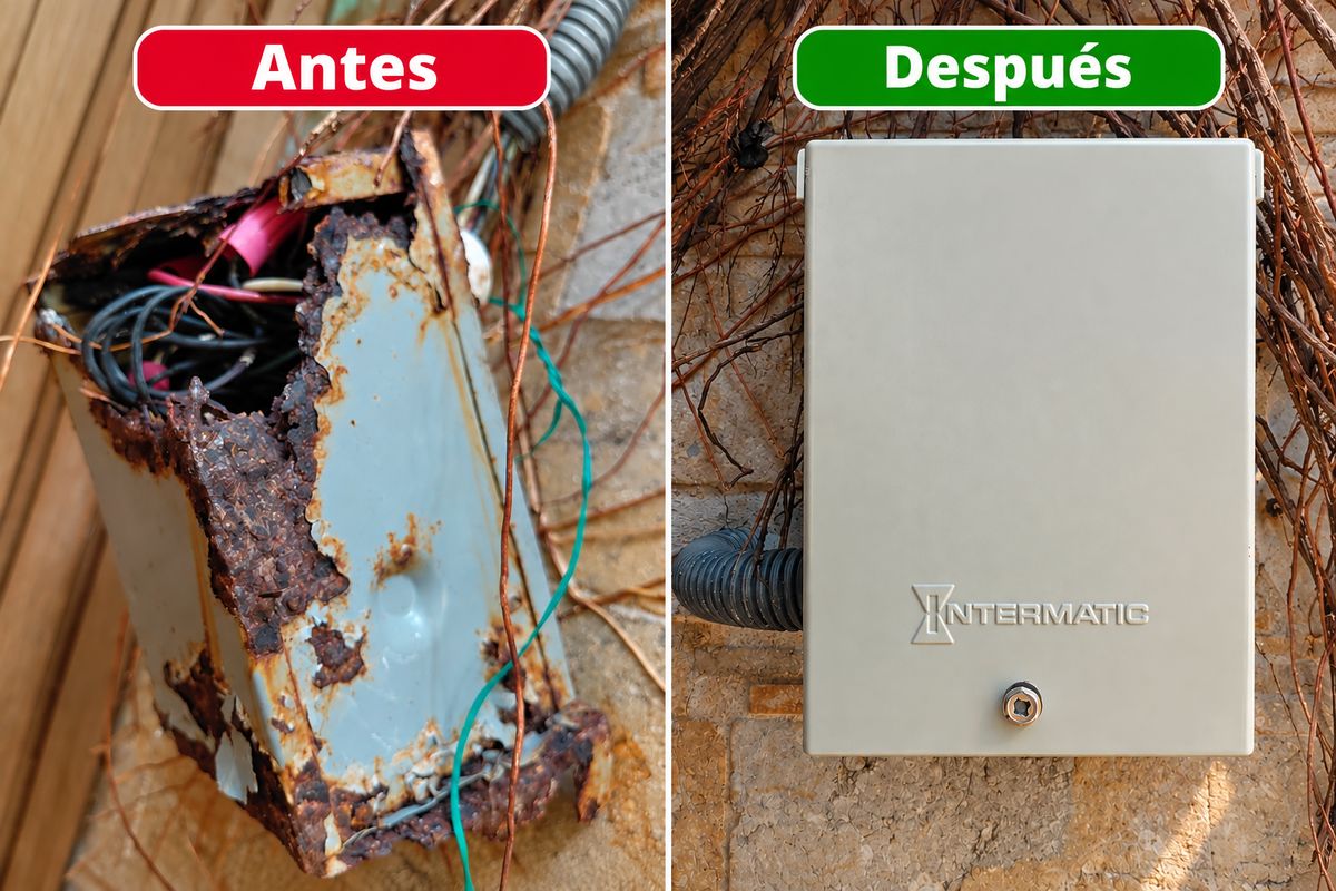 Caja eléctrica oxidada antes y caja nueva después