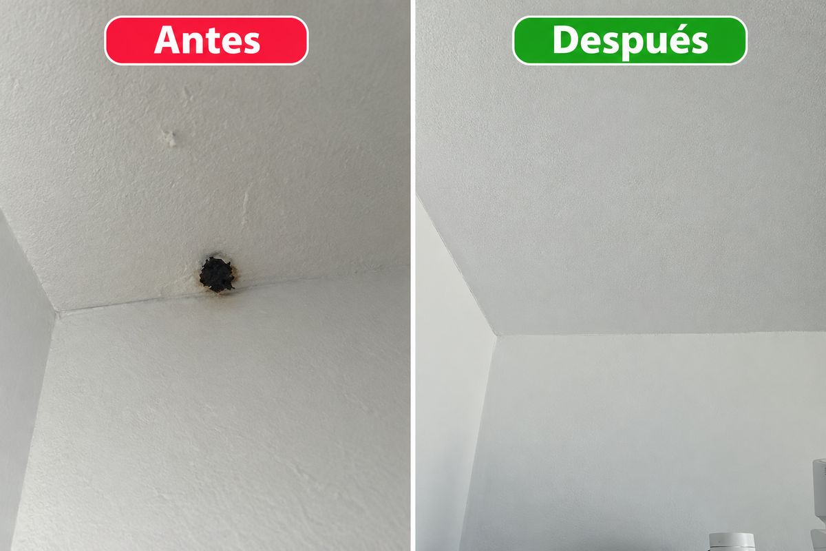 Techo con filtración antes y reparado después